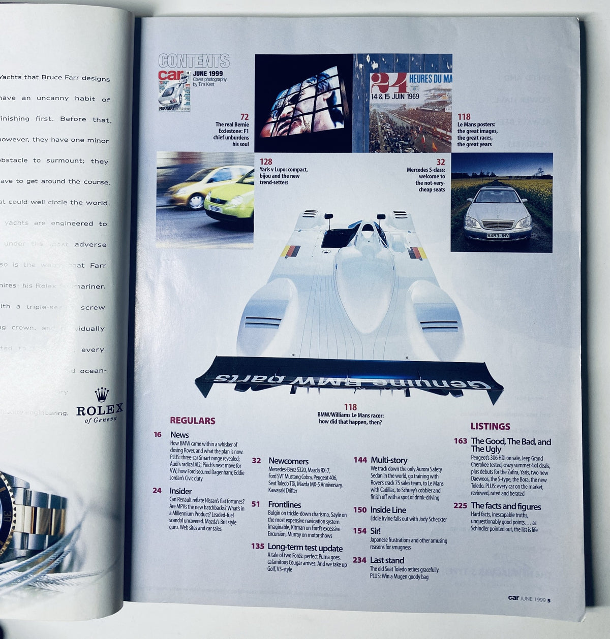 Interior page of Car Magazine June 1999, highlighting features including various automotive articles and Le Mans racing.