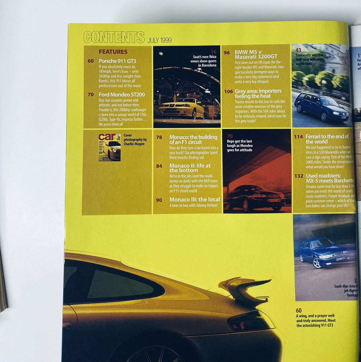 Contents page of Car Magazine July 1999, listing features including Porsche 911 GT3, Ford Mondeo ST200, and Monaco F1 circuit articles.