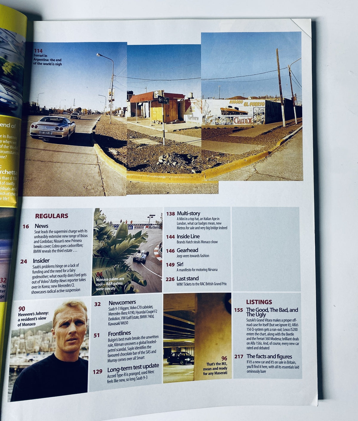 Regulars and Listings section from Car Magazine July 1999, outlining new car highlights and features like 'The Good, The Bad, and The Ugly' and 'Newcomers'.