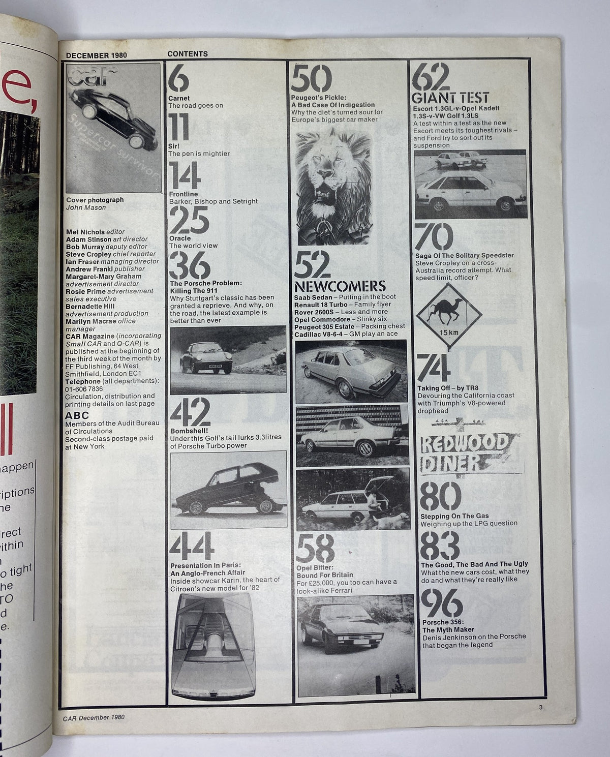 Inside contents page of Car Magazine December 1980, listing articles, including reviews of the Porsche 911, Opel Bitter, and Ford Escort.