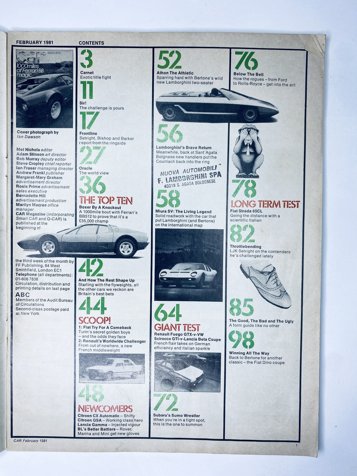 Table of contents from Car Magazine February 1981, detailing articles including Ferrari BB test, Lamborghini Miura, and VW Scirocco.