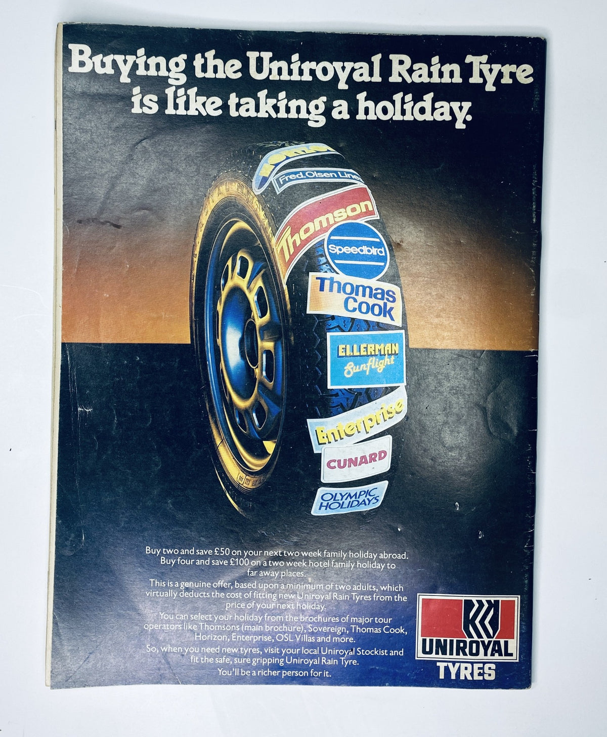Advertisement for Uniroyal Rain Tyre featured in Car Magazine February 1981, promoting holiday-themed tire savings.