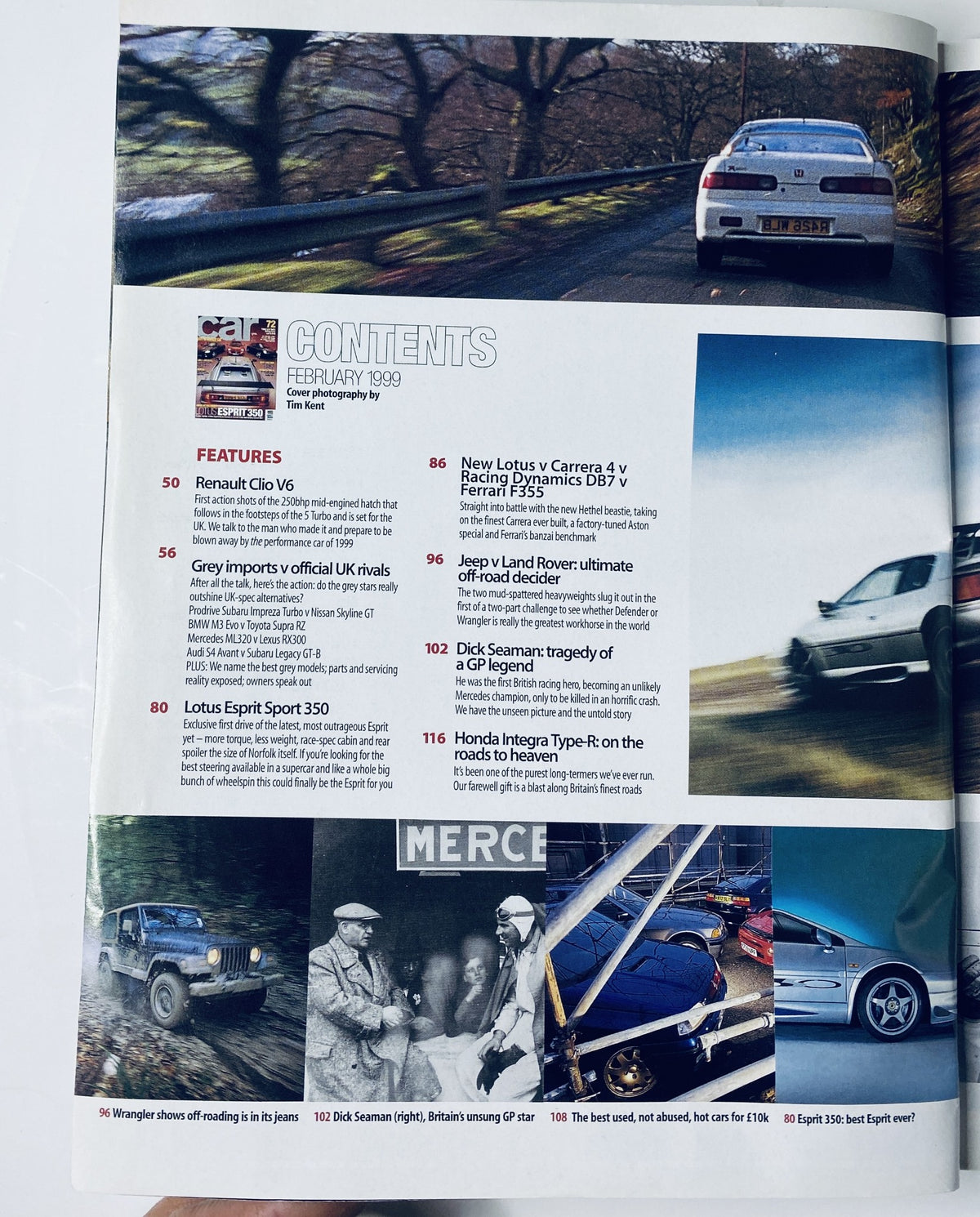 Contents page from Car Magazine February 1999 featuring articles on the Renault Clio V6, new Lotus Esprit Sport 350, Jeep versus Land Rover comparison, and Dick Seaman, showcasing automotive highlights.