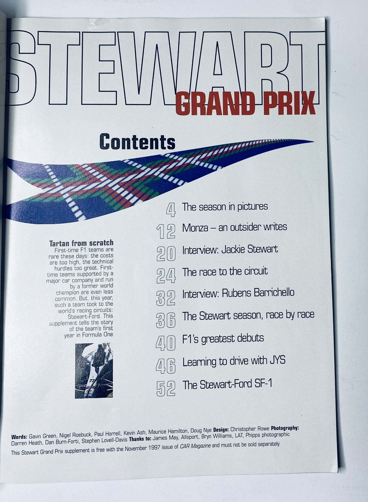 Table of Contents from CAR Magazine Stewart Grand Prix Supplement 1999, outlining articles including interviews with Jackie Stewart and Rubens Barrichello.