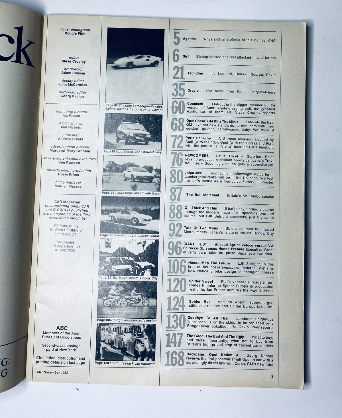 Table of contents from CAR Magazine November 1982, detailing articles including 'Agenda,' 'Oracle,' and a spotlight on the Lamborghini Countach and Opel Corsa, highlighting the automotive trends of the era.