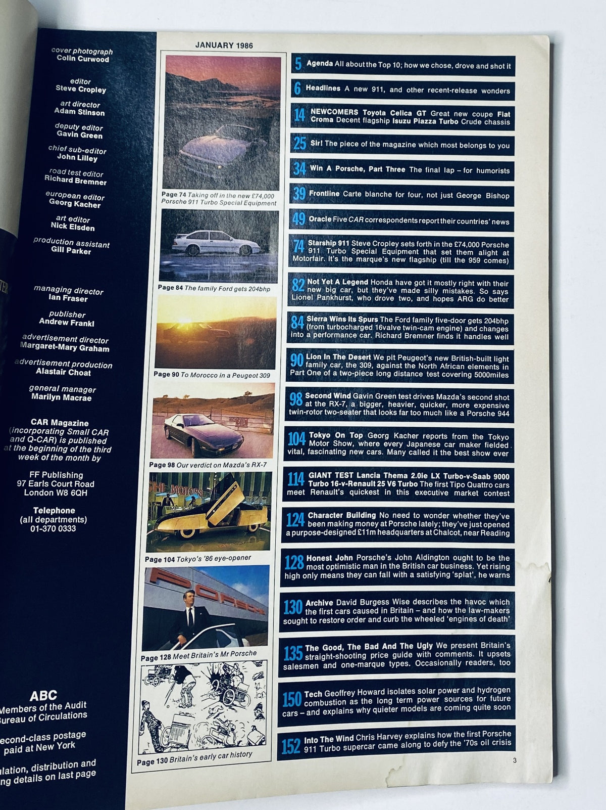 Interior page of CAR Magazine January 1986 showcasing the table of contents with highlights including features on Porsche, Peugeot, and automotive reviews.