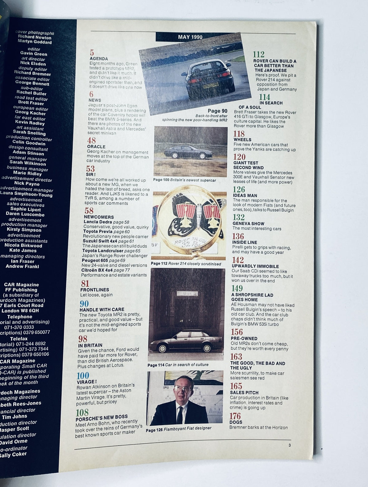 Table of contents from CAR Magazine May 1990, highlighting features like the Toyota MR2 test and articles on automotive news and reviews.