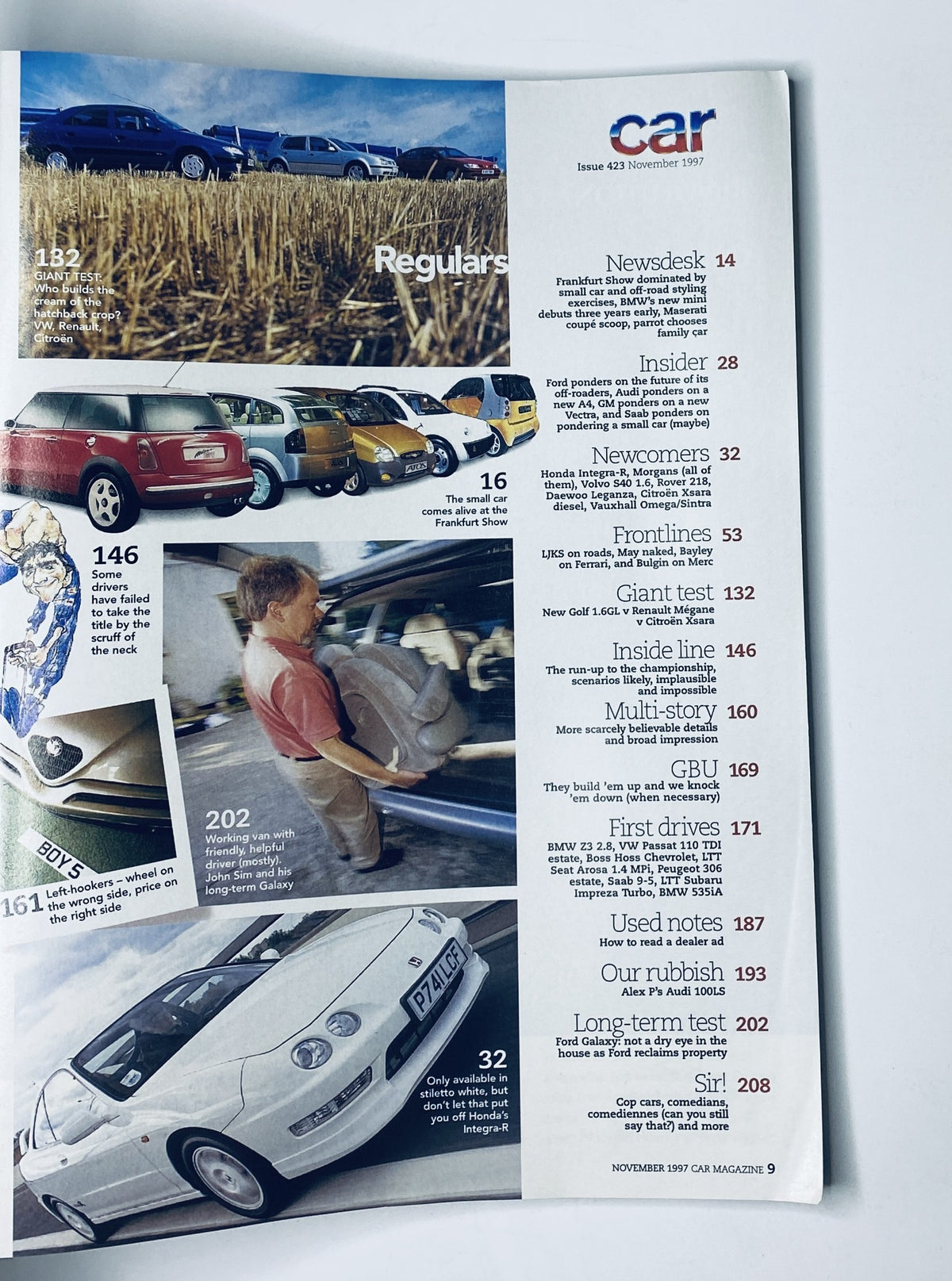 Regulars section of CAR Magazine November 1997, illustrating content such as 'Newsdesk', 'Insider', and 'Giant test' with a collage of car images.