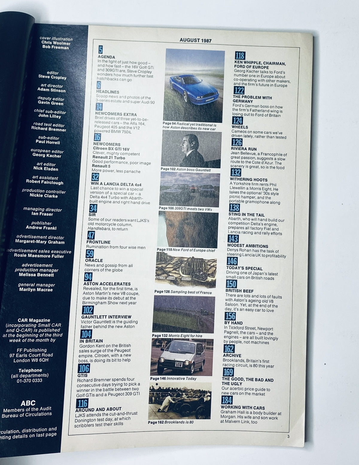 CAR Magazine August 1987 Table of Contents featuring previews of Aston V8, Lancia Delta 4x4, BMW 750L, and Peugeot 405.