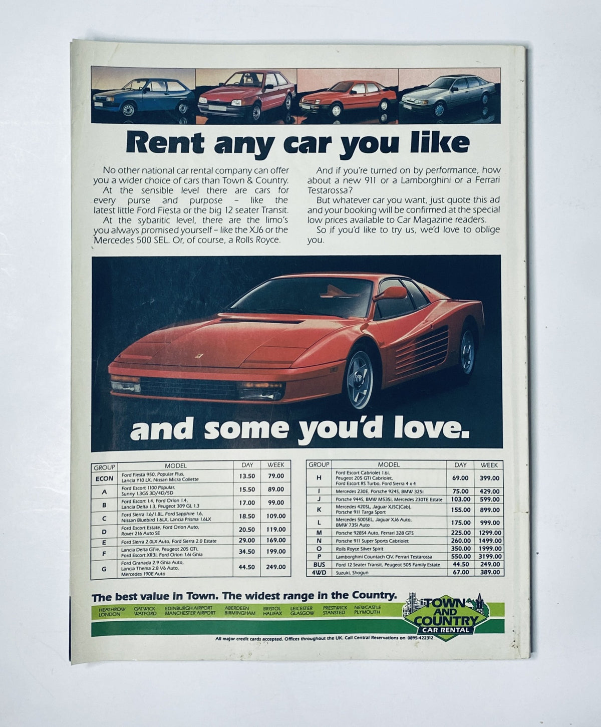 Vintage advertisement for car rentals showcasing various models including a Ferrari Testarossa, from CAR Magazine August 1987.