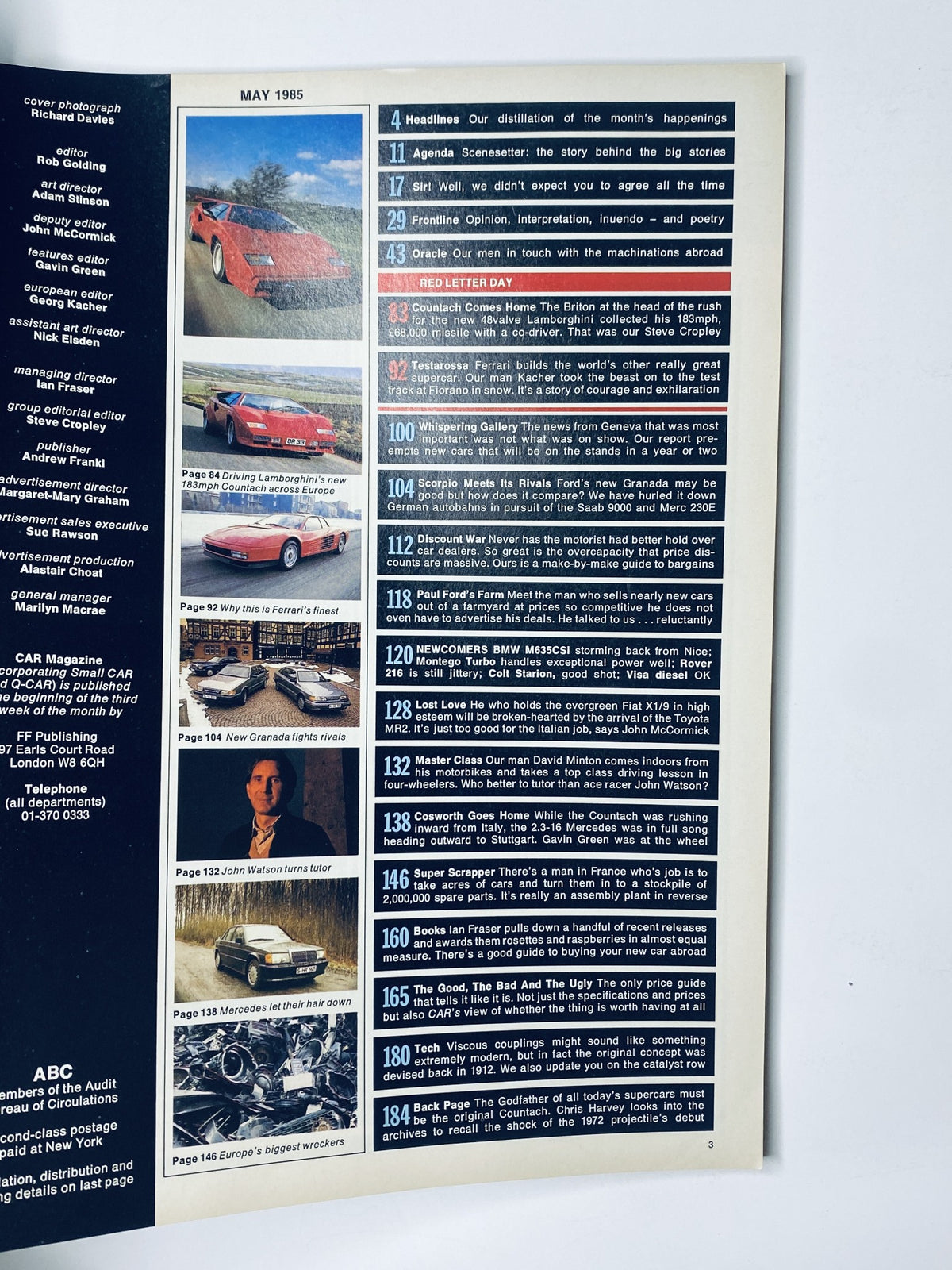 Table of contents from CAR Magazine May 1985, outlining articles including discussions around the Lamborghini Countach and Ferrari Testarossa, along with other automotive news and reviews.