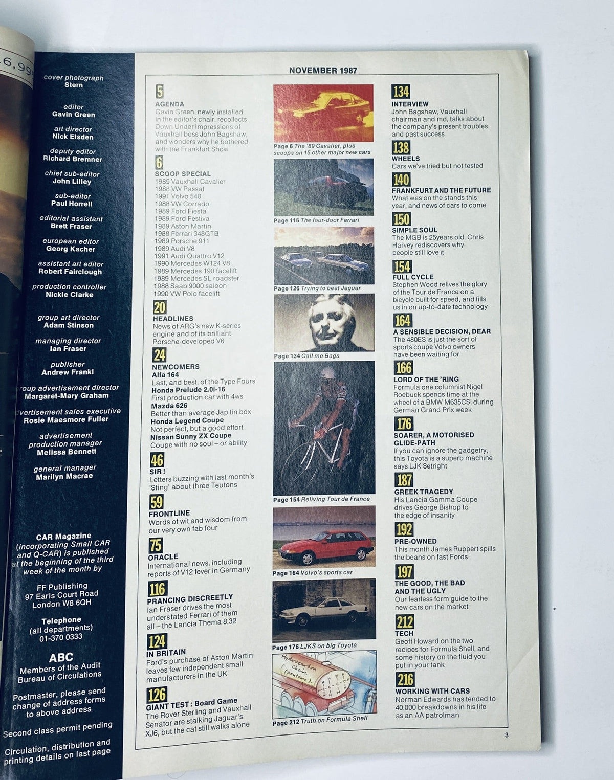 Table of Contents for CAR Magazine, November 1987, featuring articles including 'AGENDA', 'SCOOP SPECIAL', and 'INTERVIEW' that highlight new cars and automotive news.