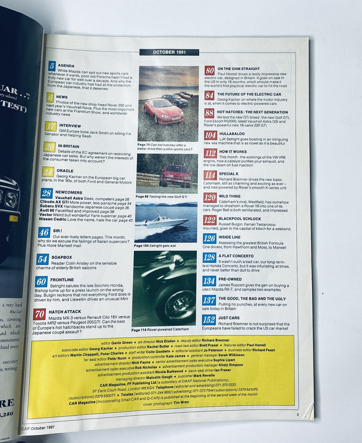 Table of contents from Car Magazine October 1991 showcasing articles about hot hatches, electric cars, and automotive industry news.