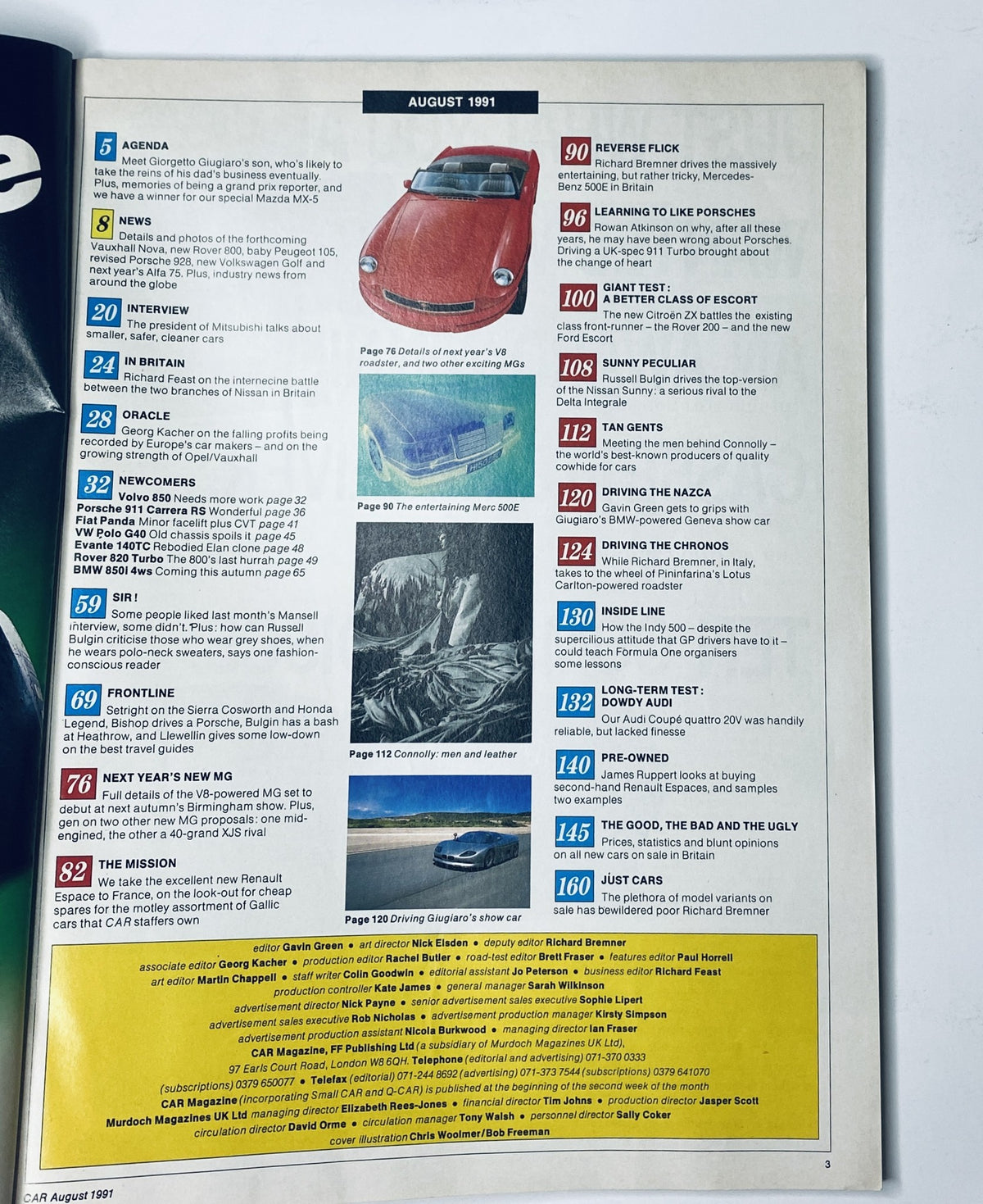 Table of Contents from Car Magazine August 1991, featuring features on MG V8 Roadster, Volvo 850, Mercedes 500E, and more.