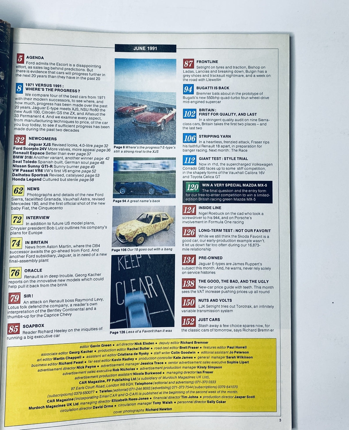 Table of contents from Car Magazine June 1991, detailing sections such as 'Newcomers' and 'Bugatti is back', highlighting car reviews and industry news.