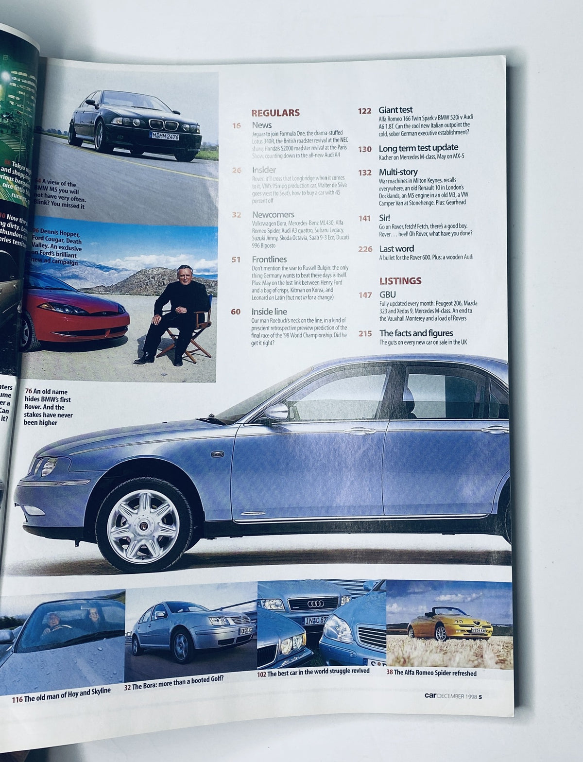 Regular features page from Car Magazine December 1998, showcasing articles including news about BMW M5 vs. competitors, car reviews, and insights about the automotive industry.