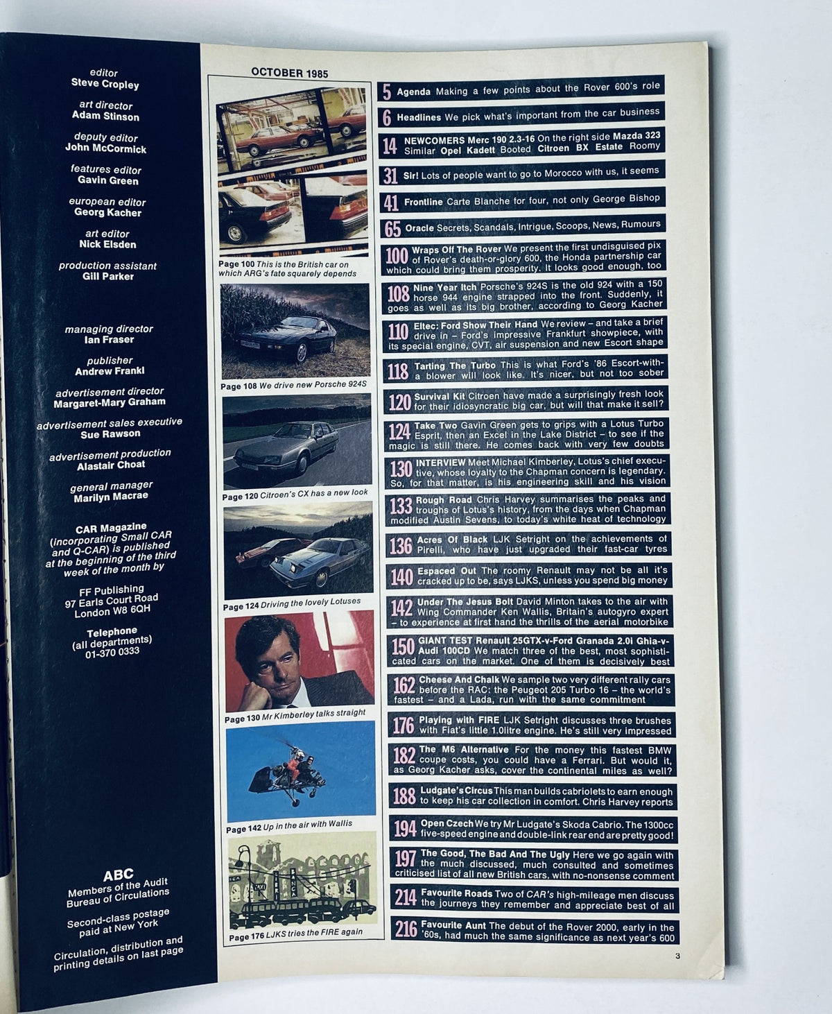 Table of contents for Car Magazine October 1985 detailing articles on Rover 600 and previews of new cars including Ford and Porsche.