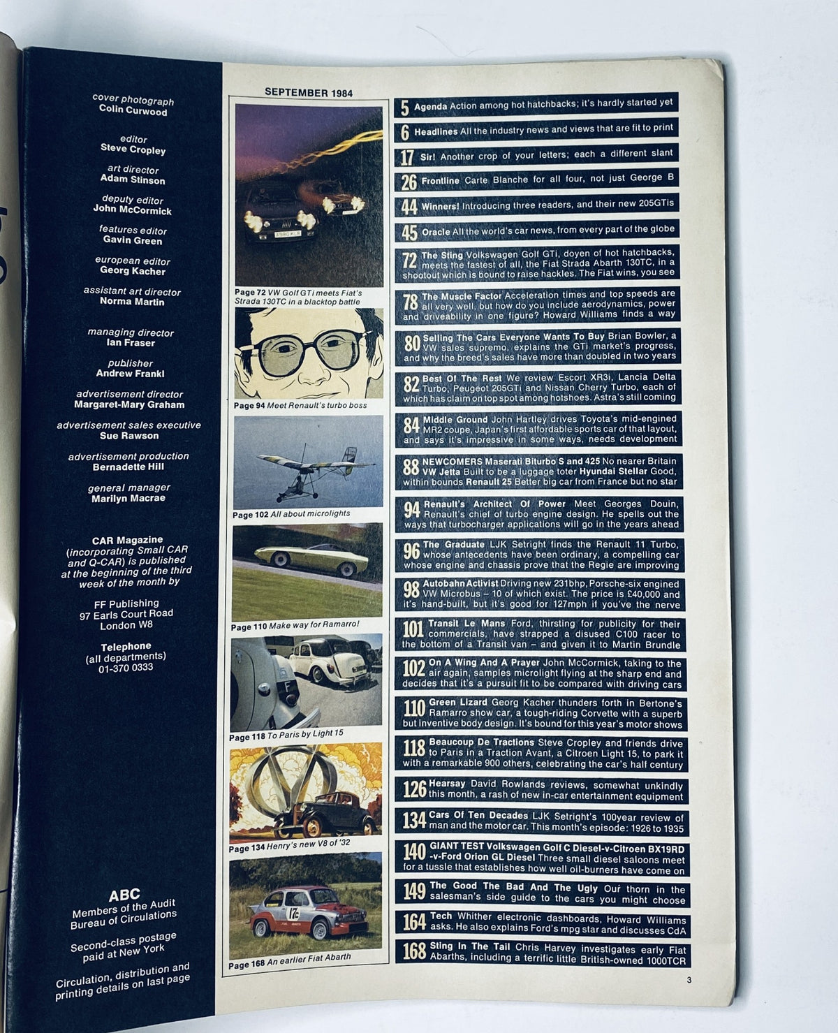Table of contents from Car Magazine September 1984, showcasing features including Volkswagen Golf GTI, Fiat Abarth, and Toyota MR2, with page numbers and topics listed.