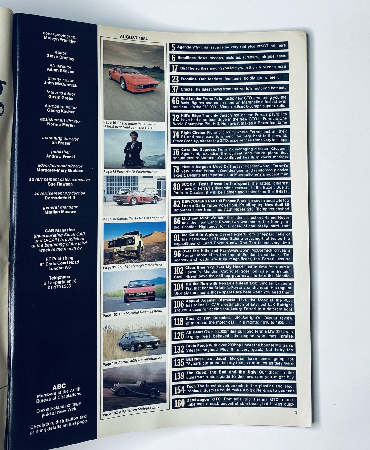 Inside page from Car Magazine August 1984 displaying the table of contents, detailing articles and features including the Ferrari GTO test and other automotive news.
