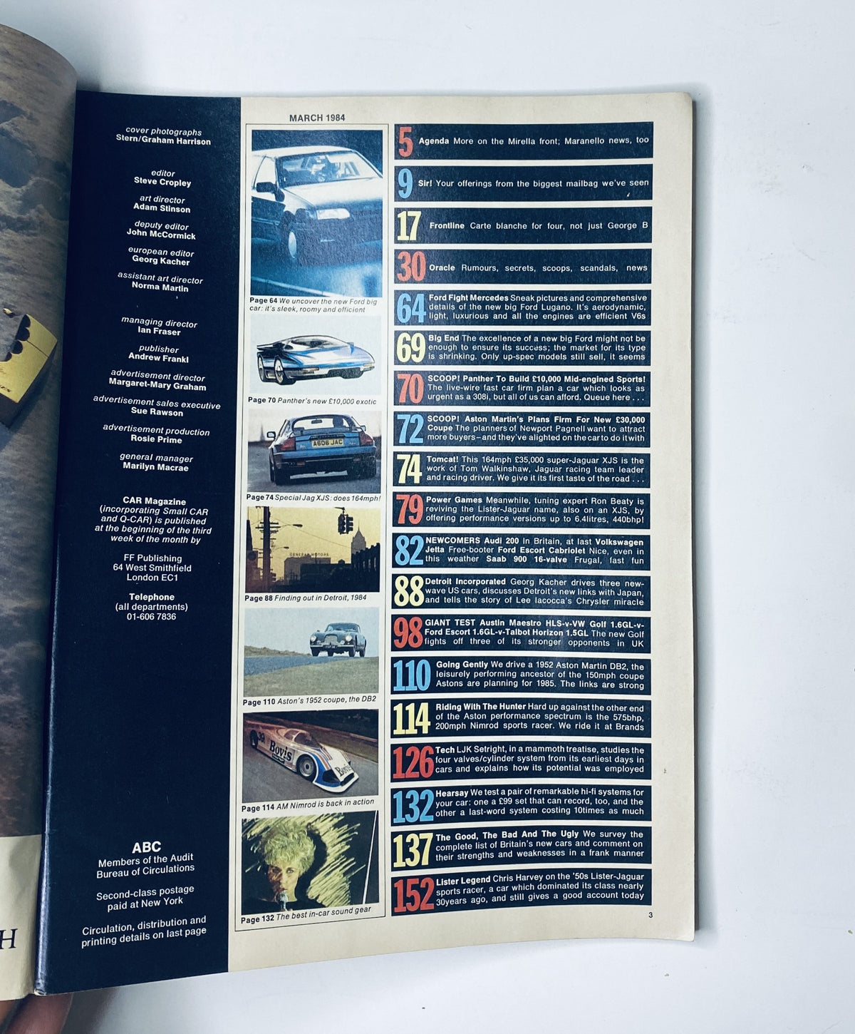 Table of Contents for Car Magazine March 1984, listing features including Ford Granada, Jaguar XJS, and Aston Martin. Visual layout showcases article titles and page numbers focused on automotive industry.