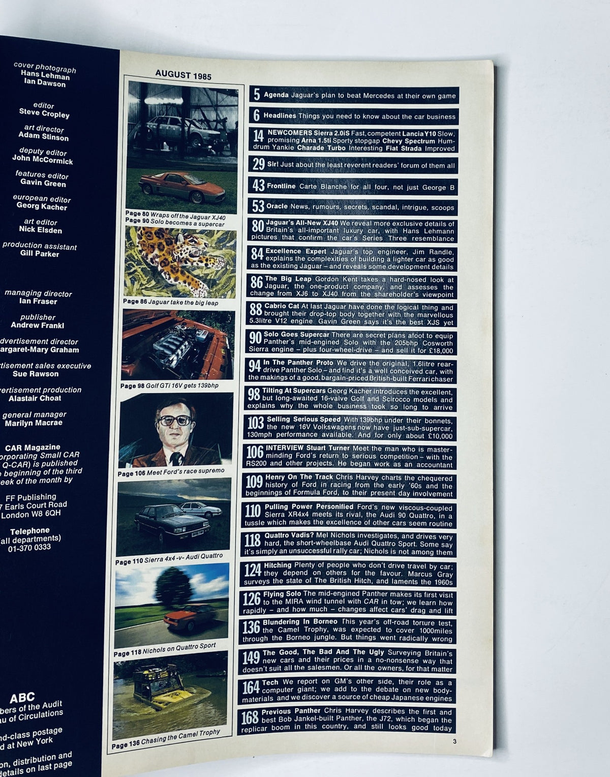 Table of contents page from CAR Magazine August 1985, detailing articles including 'Jaguar’s Plan to Beat Mercedes' and features on various car models.