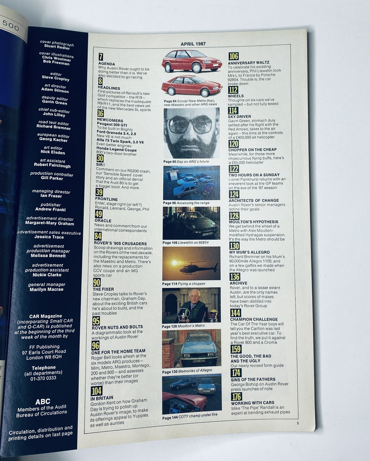 Car Magazine April 1987 contents page featuring highlights such as Rover, Graham Day, Metro, Maestro, XJ40, and 928S4. The page displays articles and topics covered in the issue including car news and reviews.