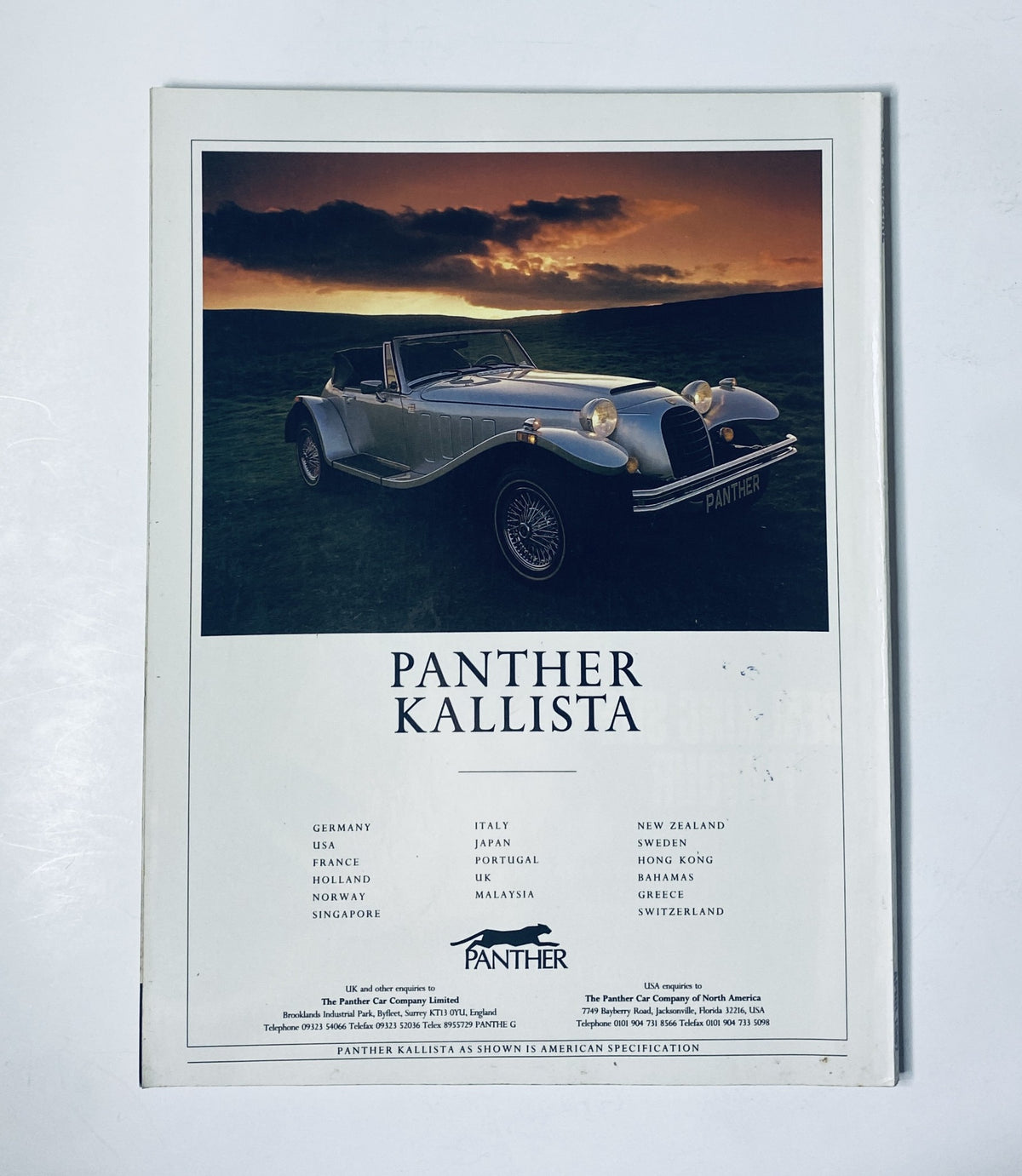 Advertisement for the Panther Kallista from Car Magazine April 1987 showcasing the car against a dramatic background, highlighting its design and luxury.