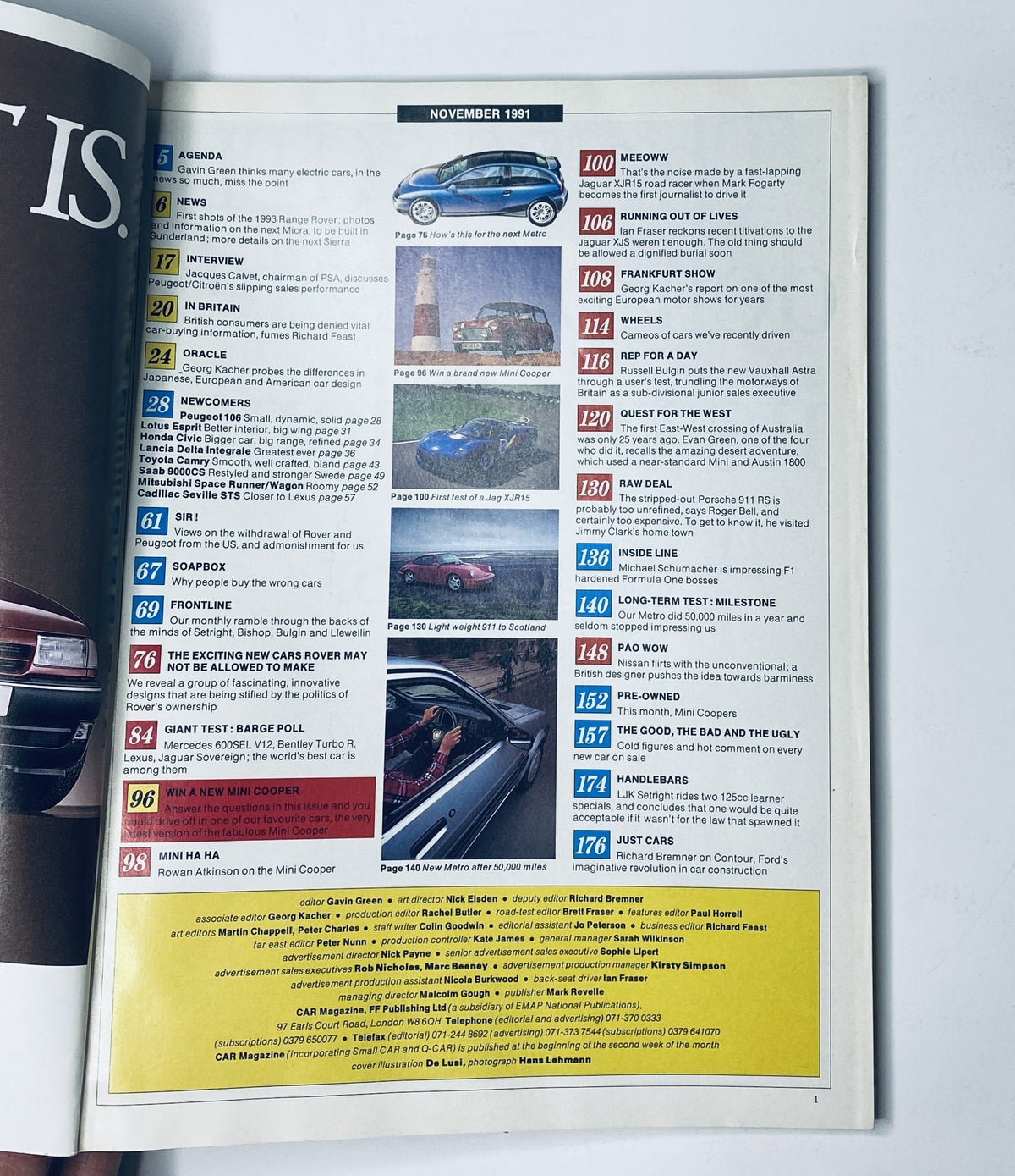 Table of contents from CAR Magazine November 1991, outlining articles including interviews, car tests, and features on new models like the Mini Cooper and Jaguar XJRS.