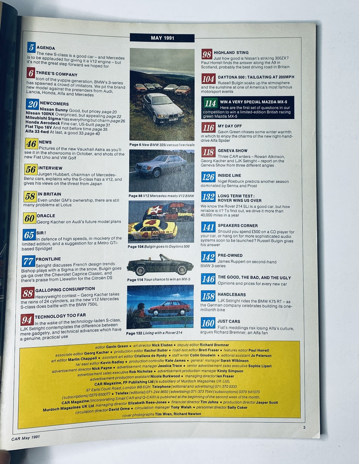Table of contents for CAR Magazine May 1991 highlighting featured articles, including 'Three’s Company' comparing BMW's 3-series against competitors, and 'Highland Sting' discussing the Nissan 300ZX.