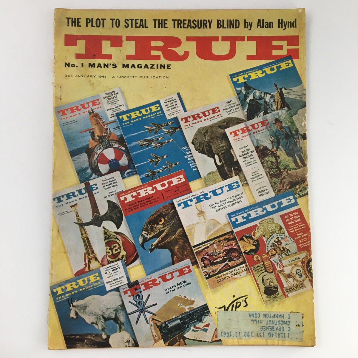 Cover of VTG True Man's Magazine from January 1961 featuring the headline 'The Plot To Steal The Treasury Blind'. The magazine showcases colorful illustrations and various cover articles from the early 1960s.