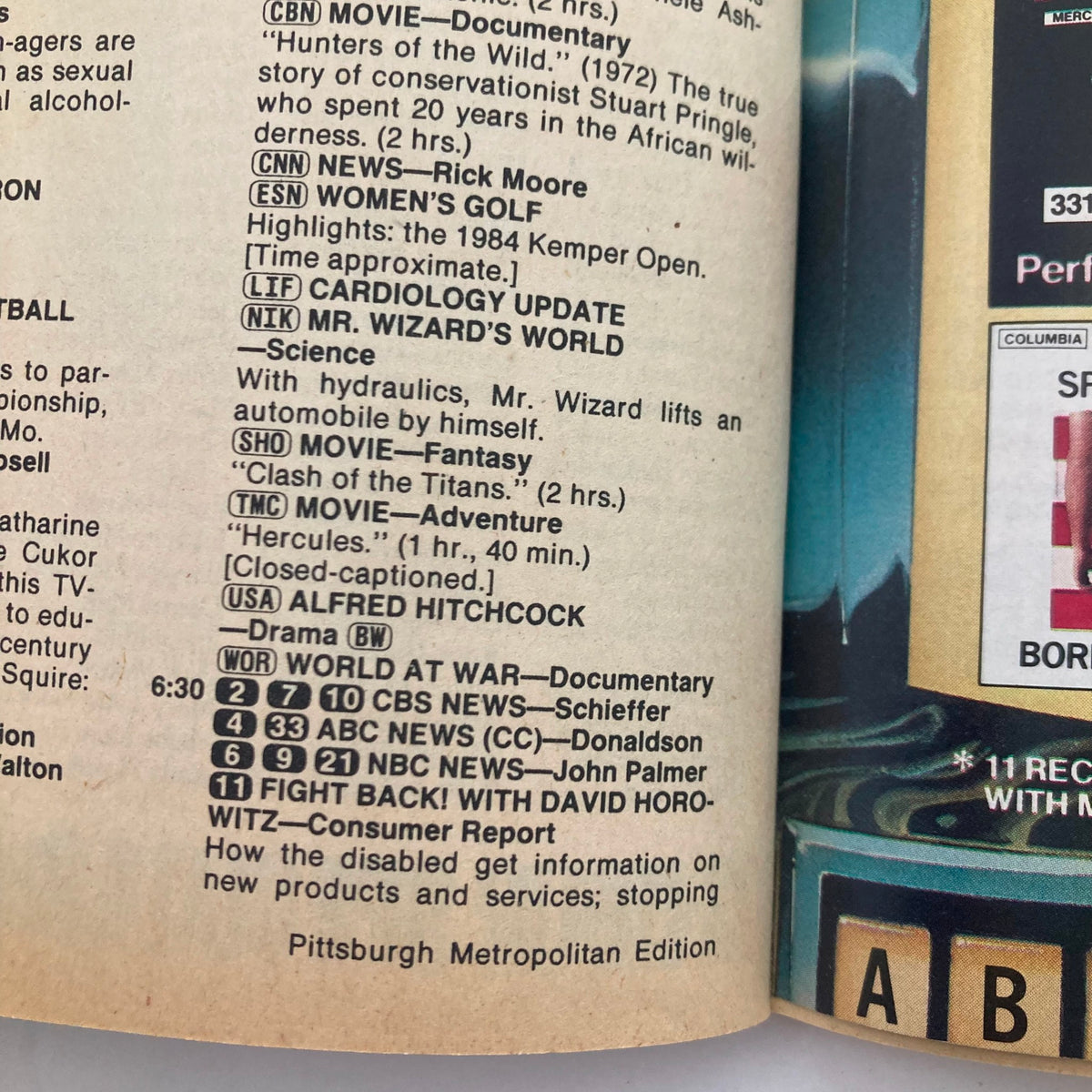 Inside content of the TV Guide Magazine from March 9, 1985 featuring listings such as CBN Movie 'Hunters of the Wild', CNN News with Rick Moore, and various documentaries including 'World at War'. The magazine prominently displays the title 'TV Guide Magazine March 9 1985 Angela Lansbury Pittsburgh Metro Ed.' along with TV programming details.