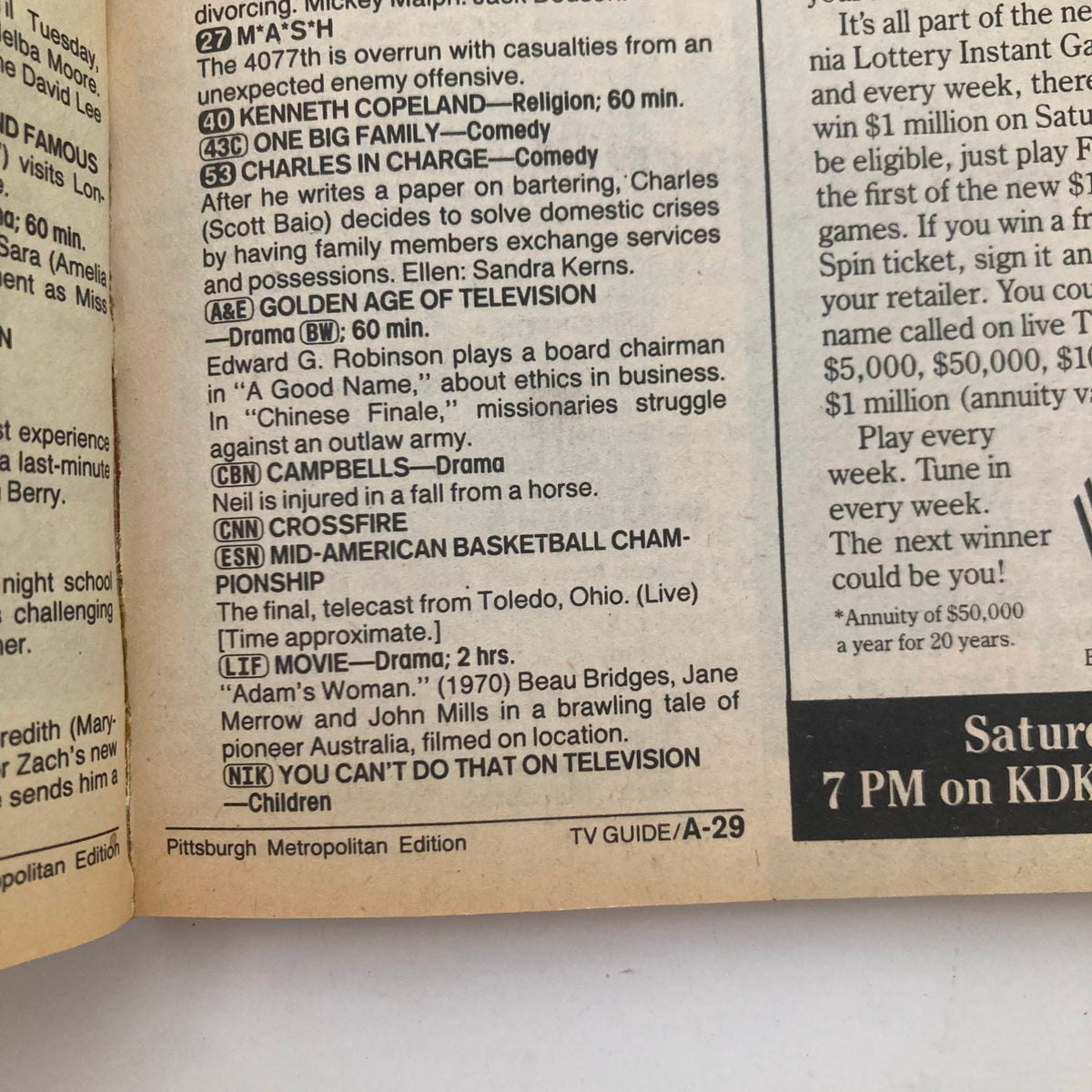 Interior page of the TV Guide Magazine from March 7, 1987 displaying program listings and show descriptions including M*A*S*H, Charles in Charge, and You Can't Do That on Television. This page reflects the magazine's role as a television resource during the 1980s.