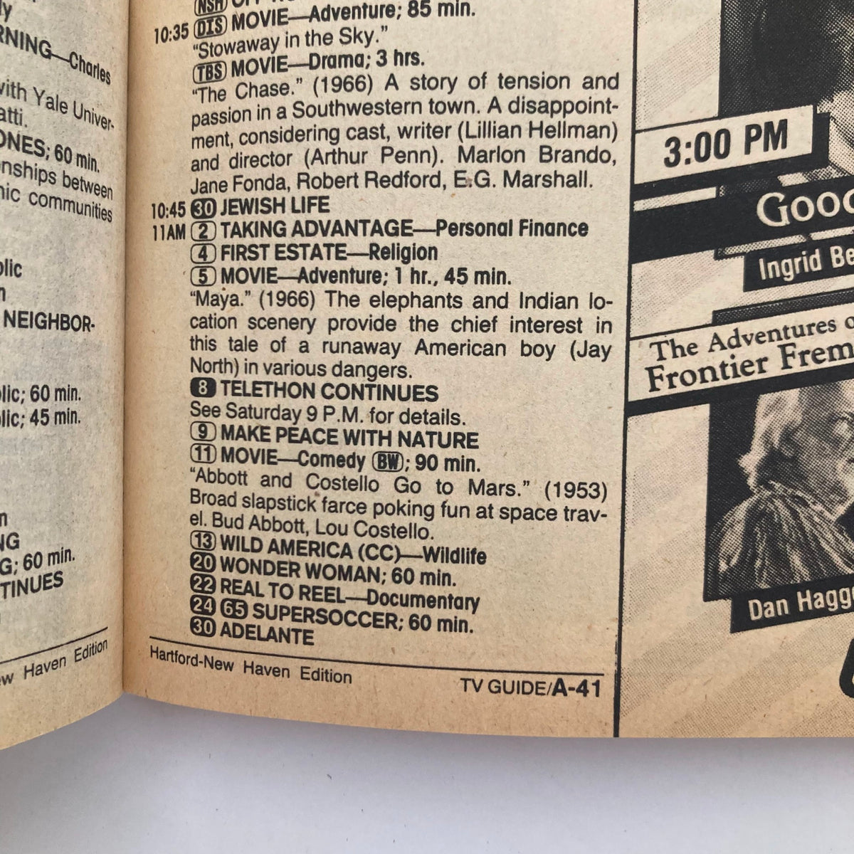 Interior page from TV Guide Magazine June 1, 1985, displaying Hartford-New Haven edition with TV schedule and program listings, highlighting popular shows and movies from that era.