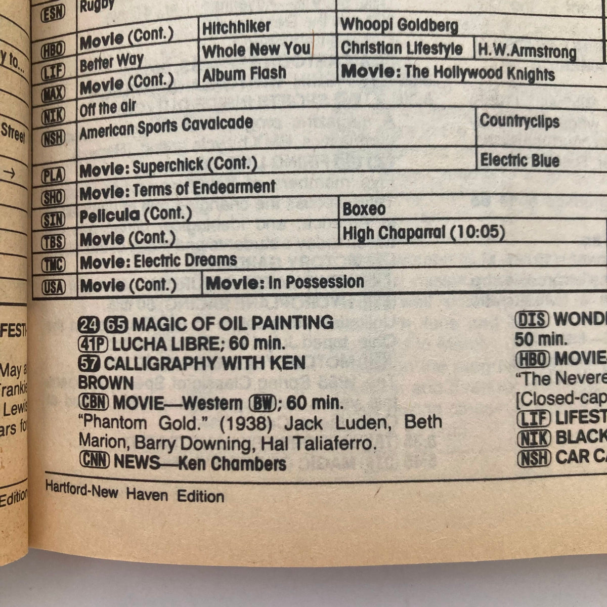 Inside page of TV Guide Magazine from July 20, 1985 detailing television listings, movie schedules, and special programming. Represents the Hartford-New Haven edition with various cable channel information.