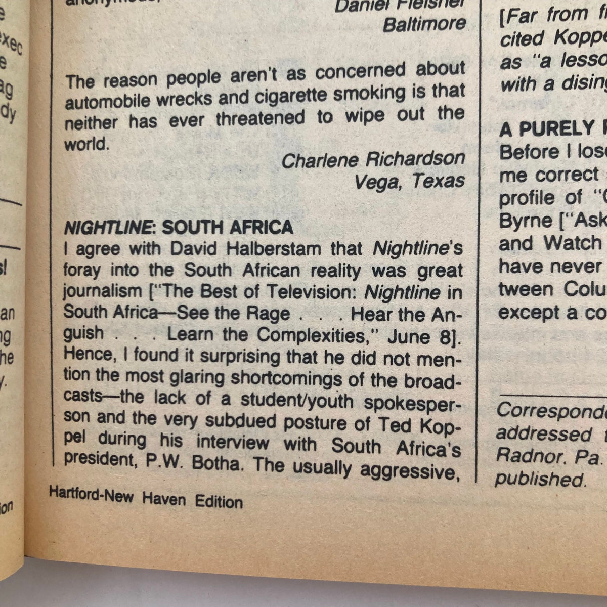 Interior page of the TV Guide Magazine from June 29 to July 5, 1985, discussing 'NIGHTLINE: SOUTH AFRICA' and featuring critical commentary, part of the content under the title 'The Best and Worst We Saw'.