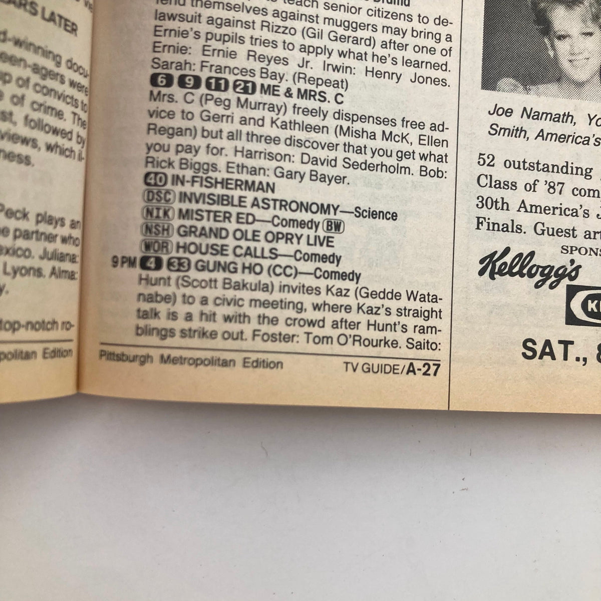 Inside page of TV Guide Magazine June 20 1987, detailing TV schedule and programming information. Pittsburgh Metropolitan Edition featuring show listings.