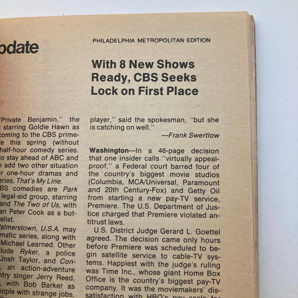 Inside page of TV Guide Magazine January 17, 1981, detailing CBS's upcoming shows and industry news, depicting text from an article about CBS's programming strategies.