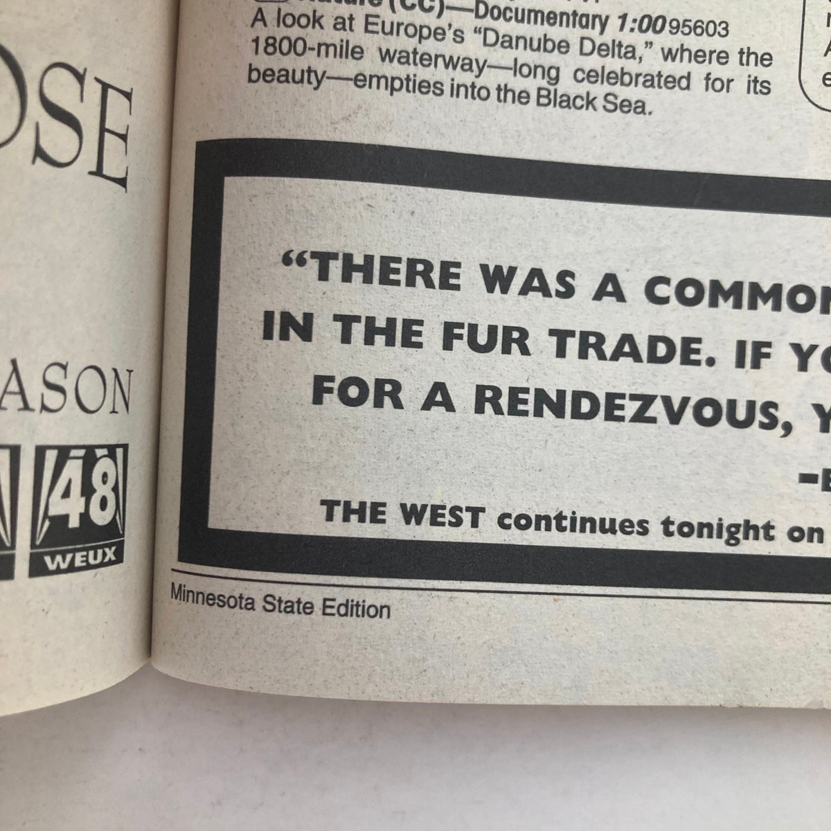 Inside page of TV Guide Magazine September 15 1996 Fall Preview Special Minnesota State Ed, featuring content related to television episodes and a quote about the fur trade.