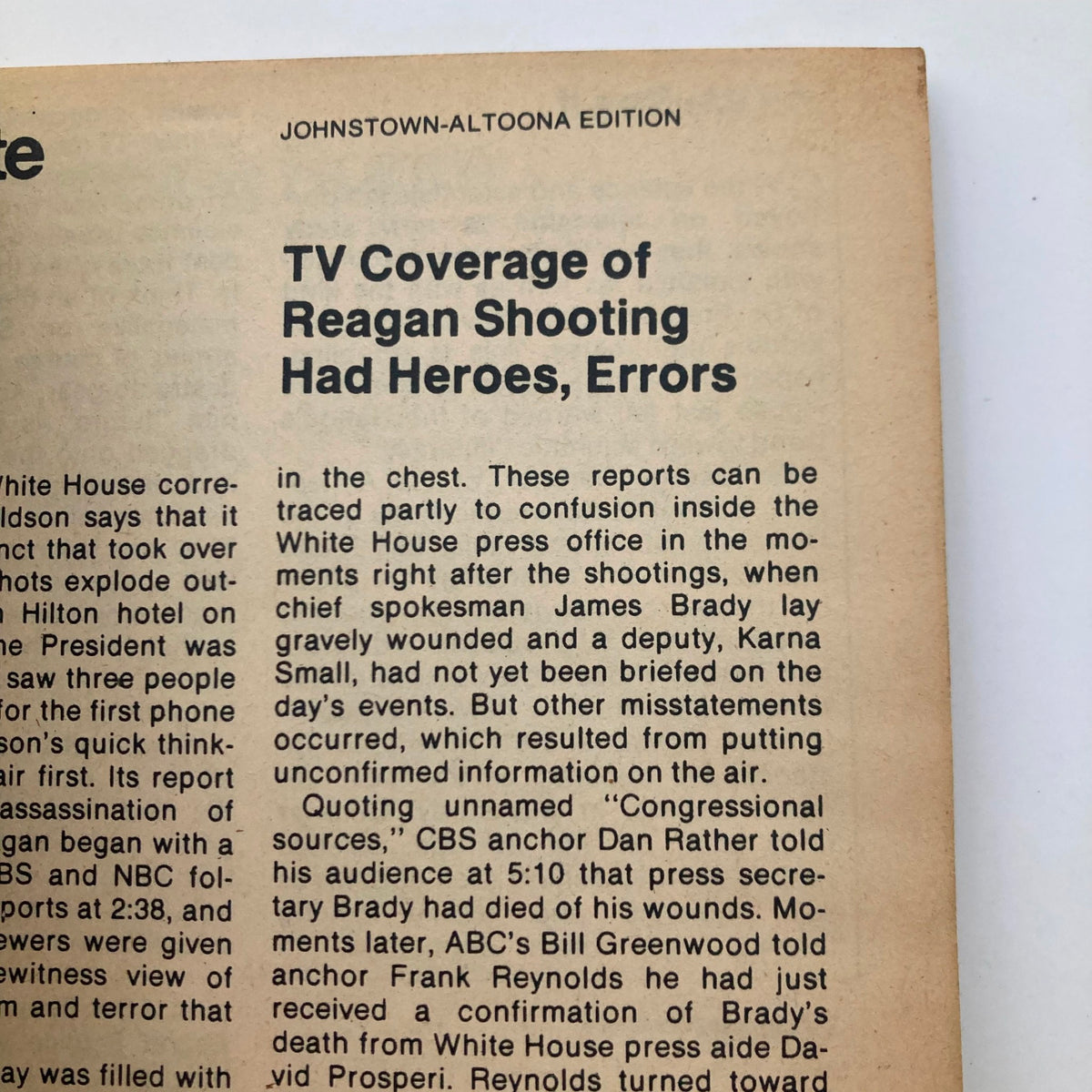 TV Guide Magazine dated April 11, 1981, featuring an article titled 'TV Coverage of Reagan Shooting Had Heroes, Errors' from the Johnstown-Altoona Edition, discussing the media's reporting on a significant historical event.