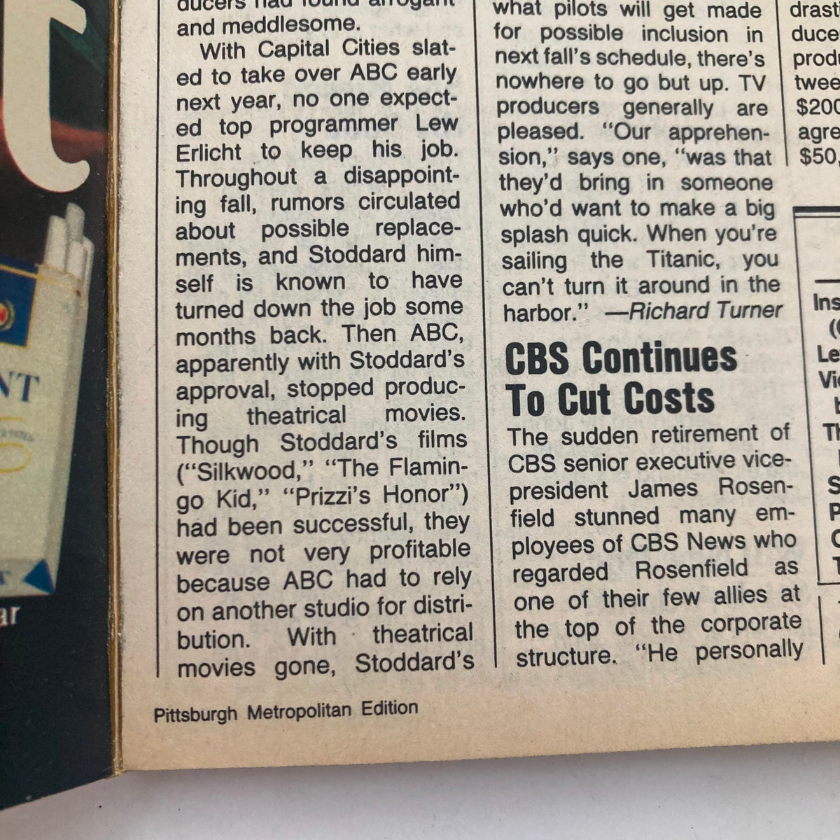 Inside page of TV Guide Magazine November 23, 1985, discussing CBS's programming decisions and changes in leadership. This page offers insights into television history during that period.