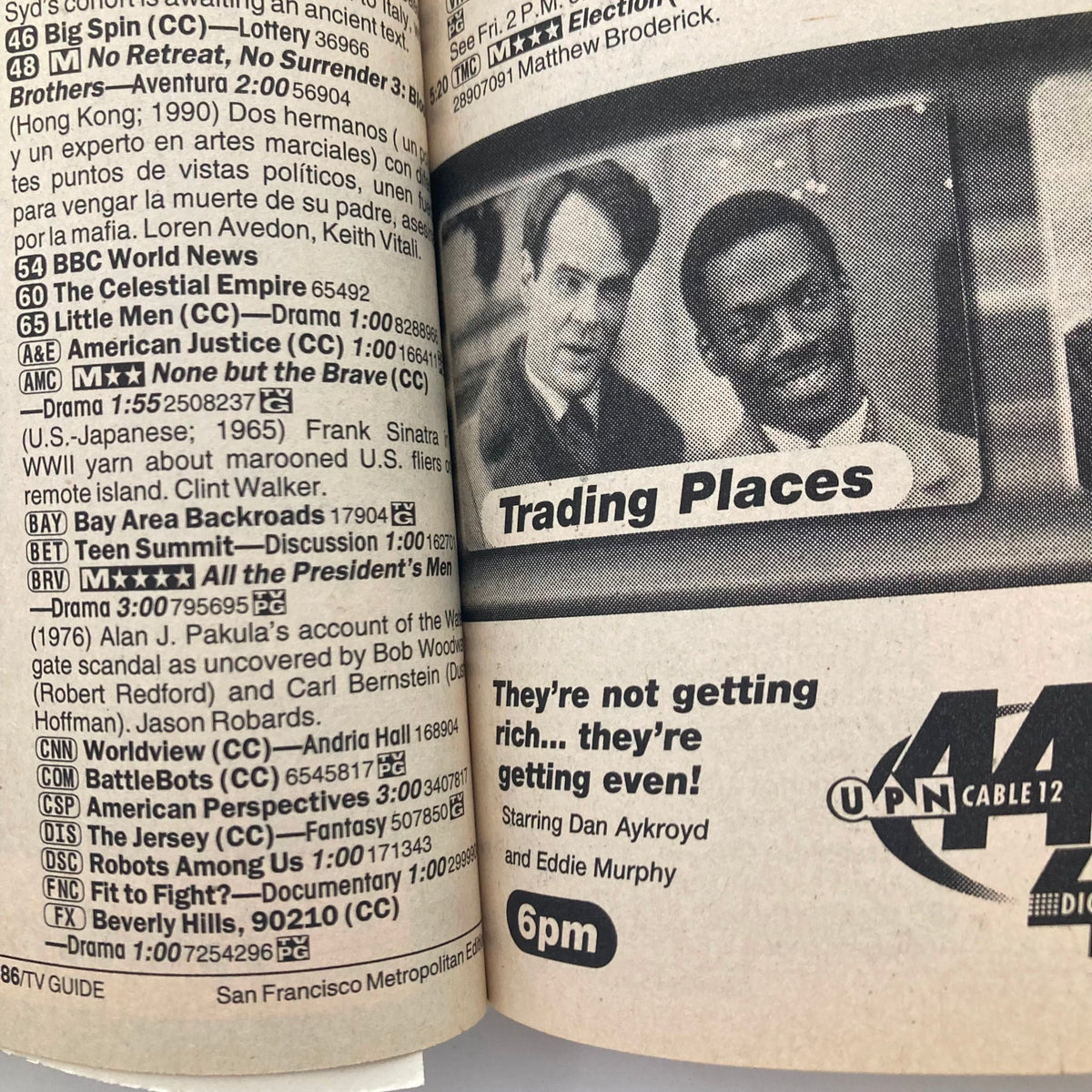 Interior page of TV Guide Magazine November 11 2000, featuring a listing for the movie Trading Places starring Dan Aykroyd and Eddie Murphy.