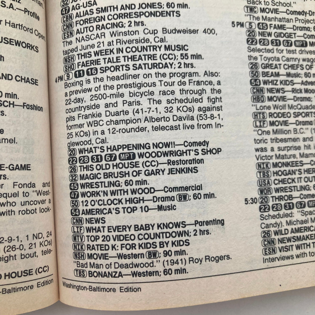 Interior page of TV Guide Magazine from June 27 – July 3, 1987 displaying the Washington-Baltimore edition's TV listings and a schedule of programs.