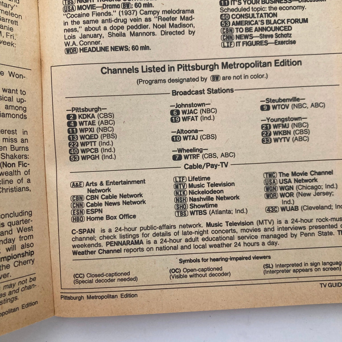 Inside spread of TV Guide Magazine August 3 1985 presenting channel listings and programming information for Pittsburgh Metropolitan Edition, reflecting television broadcast details from the 1980s.