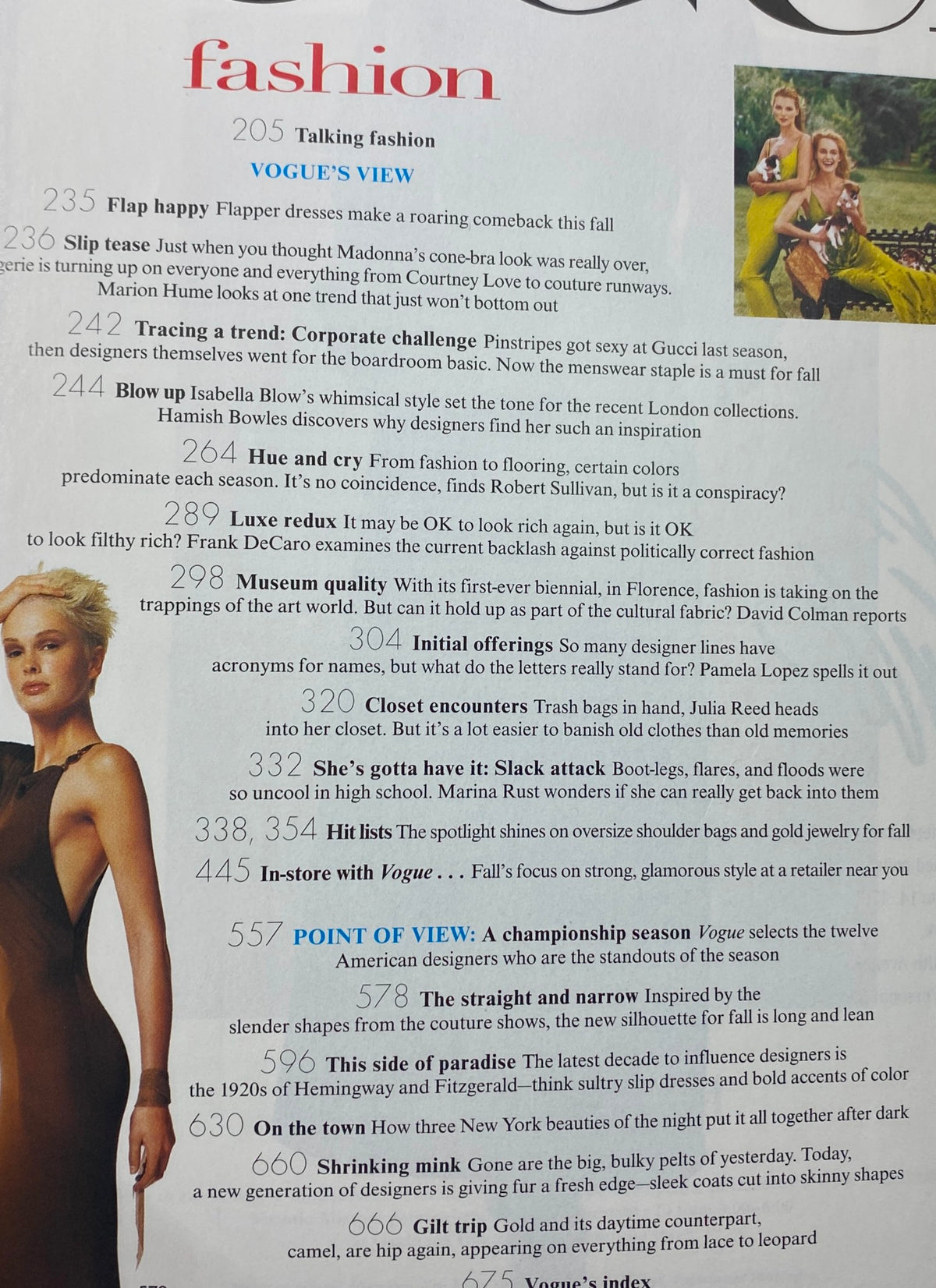 Table of contents from Vogue Magazine September 1996 featuring articles on fashion trends and highlights, including 'Vogue's View' and other key fashion topics.