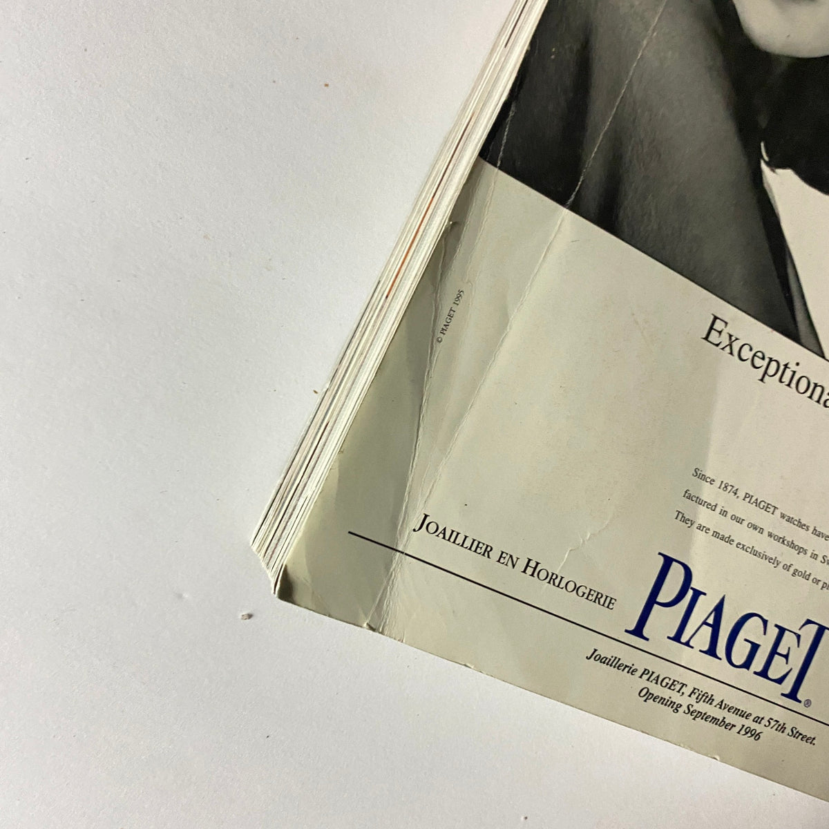 Close-up view of the back cover of Vogue Magazine September 1996, highlighting an advertisement for Piaget watches, emphasizing the exceptional character of their luxury timepieces.