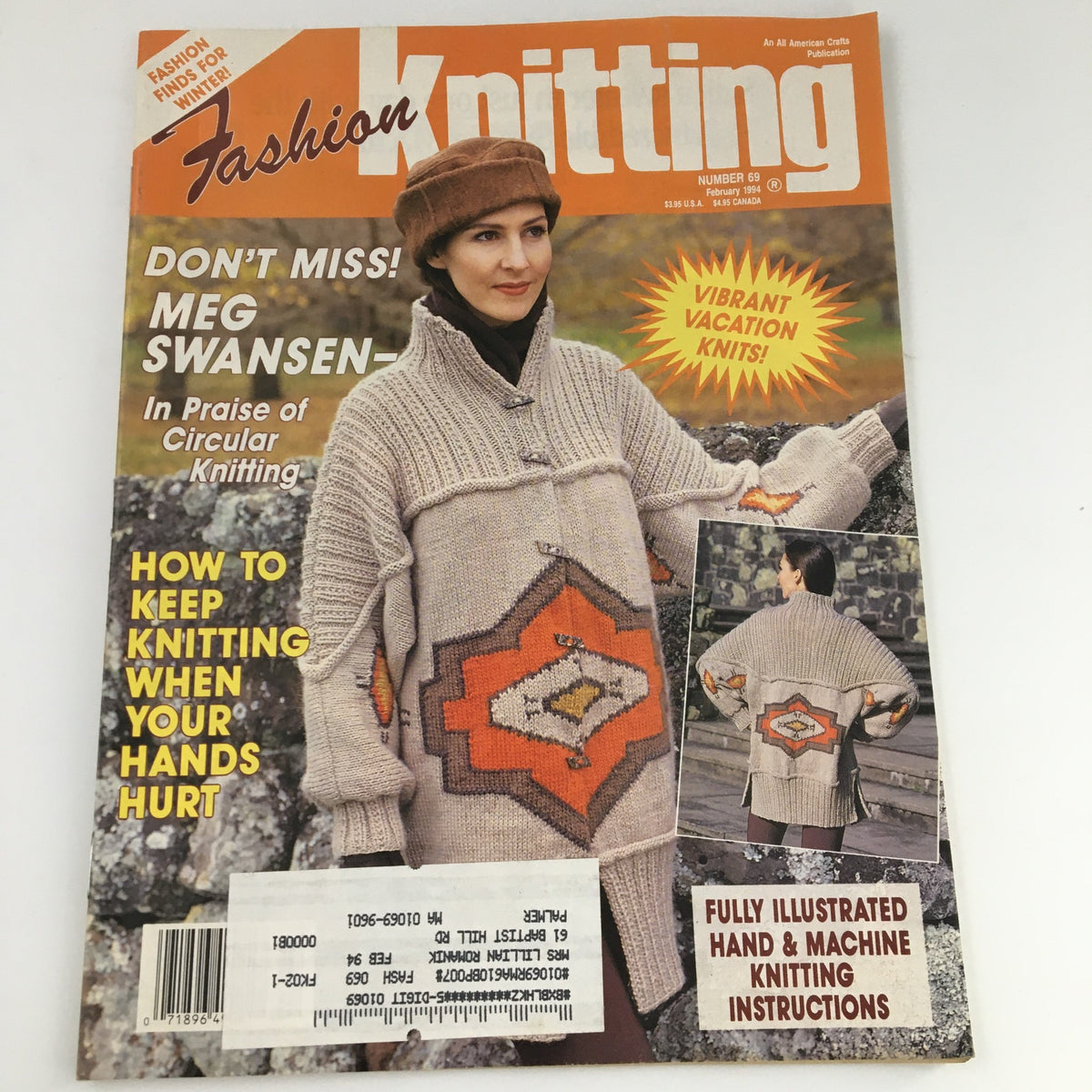 Cover of Fashion Knitting Magazine February 1994 #69 featuring Meg Swansen, showcasing a unique sweater design, tips on circular knitting, and vibrant vacation knitting ideas.