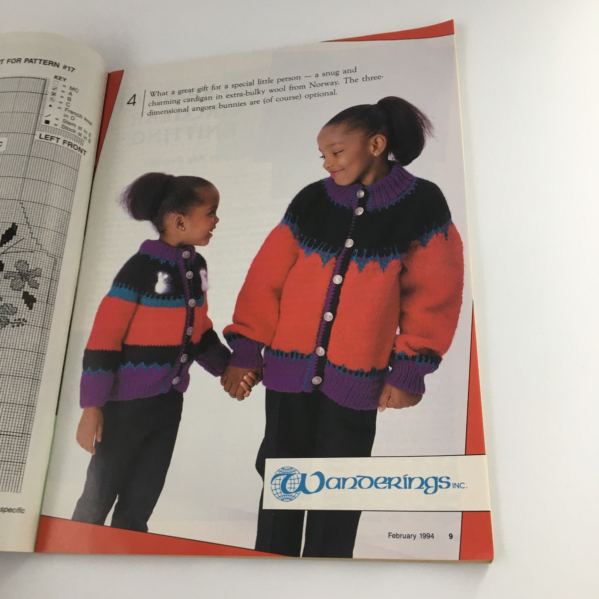 Page from Fashion Knitting Magazine February 1994 #69 showcasing children in colorful knitted cardigans, featuring a design description and vivid illustrations. Perfect for vintage knitting enthusiasts.