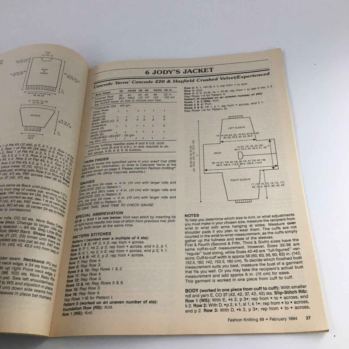 Pattern instruction page from Fashion Knitting Magazine February 1994 #69 detailing 'Jody's Jacket', showcasing measurements and knitting techniques for experienced knitters.