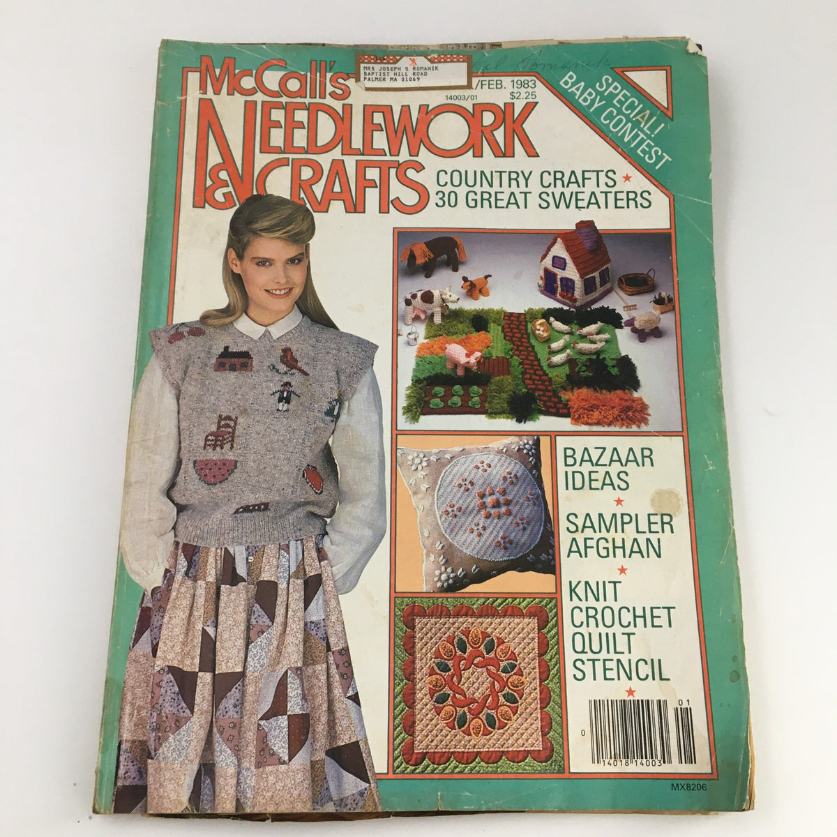 Cover of McCall's Needlework & Crafts Magazine February 1983 featuring Country Crafts with a focus on stylish sweaters and various craft ideas.