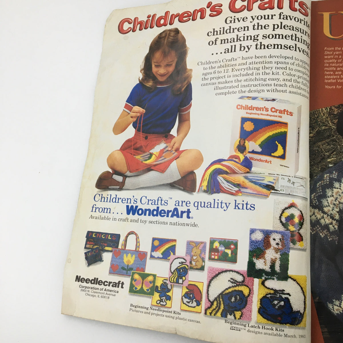 Another interior page of McCall's Needlework & Crafts Magazine February 1983 featuring Children's Crafts kits from WonderArt with a girl working on a craft project.